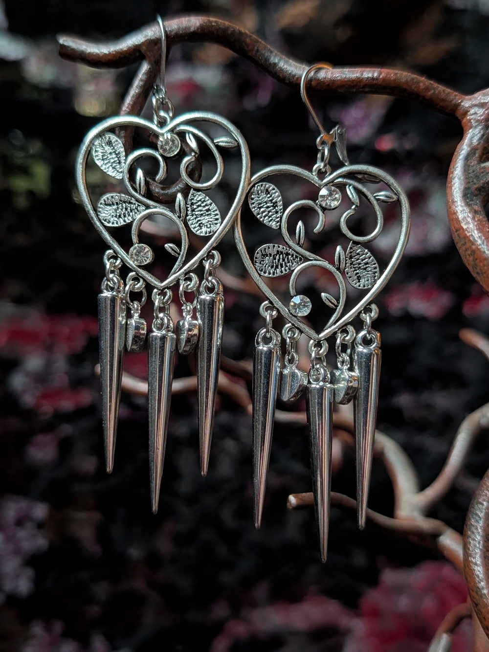 Silver Heart Filigree Dangle Earrings with Spike Charms
